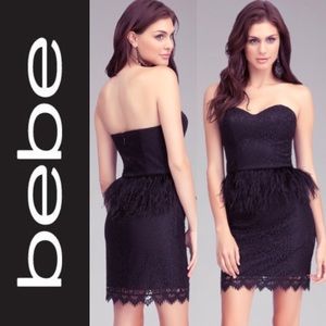 NWT STRAPLESS FEATHER COCKTAIL LACE DRESS BEBE